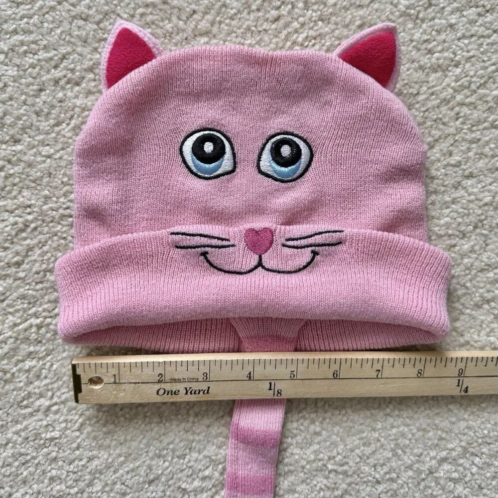 Western Chief Kids Pink Knit Winter Beanie Cap Hat Embroidered Cat Face & Tail